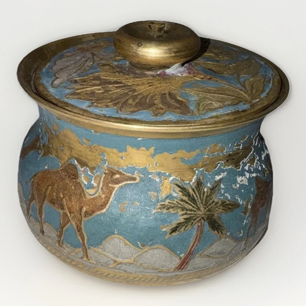Vintage Brass Bowl with Lid Camels and‎ Palm Trees
